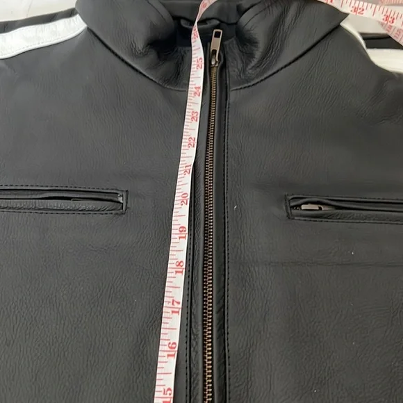 *CUSTOM* Mens Black Cafe Racer Leather Jacket With White Stripes Size L - Picture 12 of 15